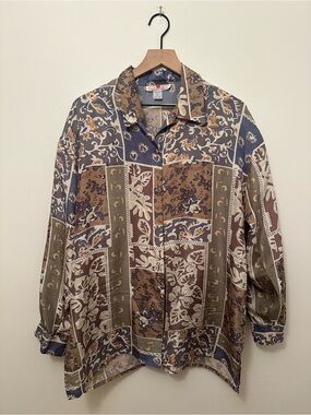 Stunt Collections 100% Silk Shoulder Pad Patterned Long Sleeve Shirt